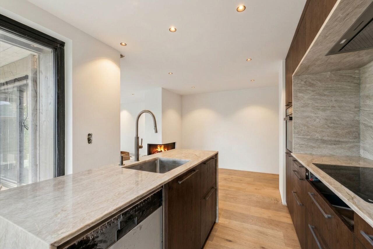 Open kitchen with fireplace