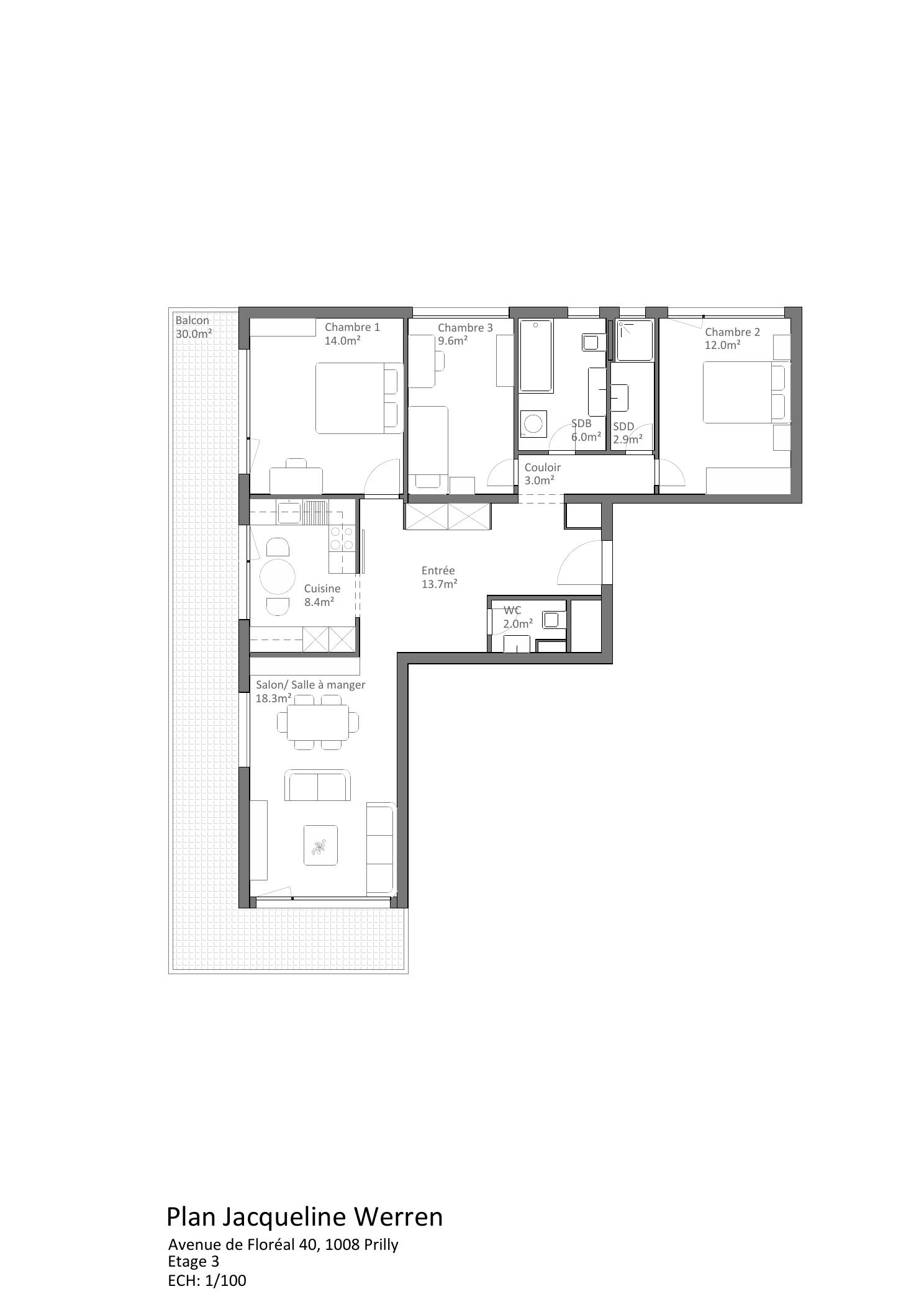 Plan de l'appartement à Prilly avec surfaces