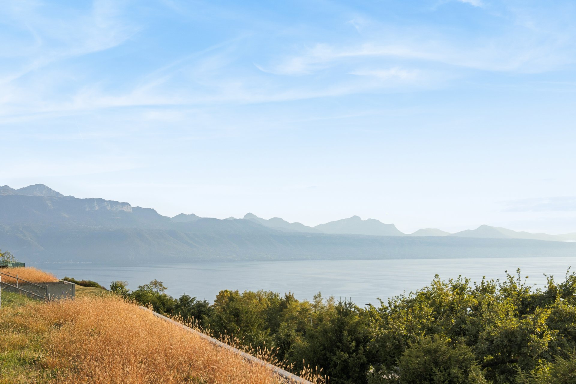 Panoramablick auf den Genfersee und die Alpen von Lutry